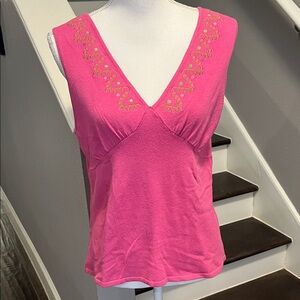 Trigelle Pink Sleeveless Top. 54% Bamboo tropical grass. NWT Embroidery Accents